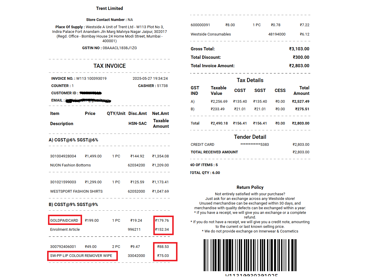 Bill Westside Purchase Dated May 27, 2025